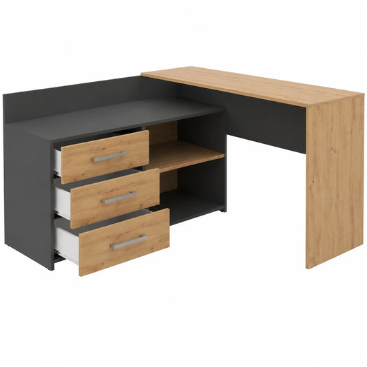 Bureau, en chêne, avec tiroirs, avec étagères, coloris anthracite, 120 x 76 x 50 cm, pour l’espace de travail