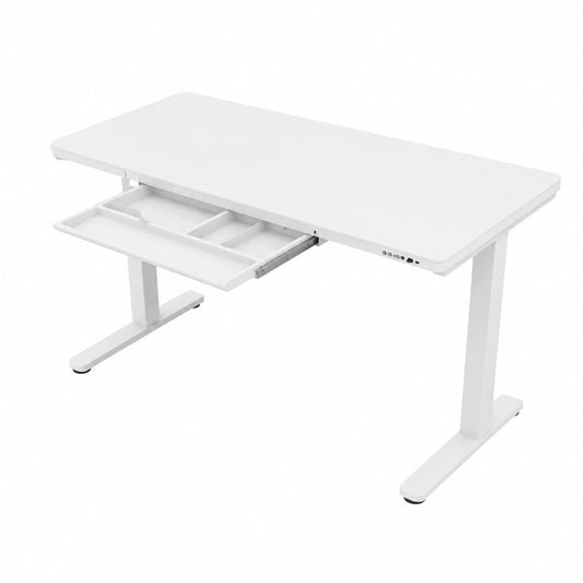 Bureau, réglable, avec tiroirs, avec prise intégrée, en verre, coloris blanc, 140 x 60 cm, pour l’espace de travail